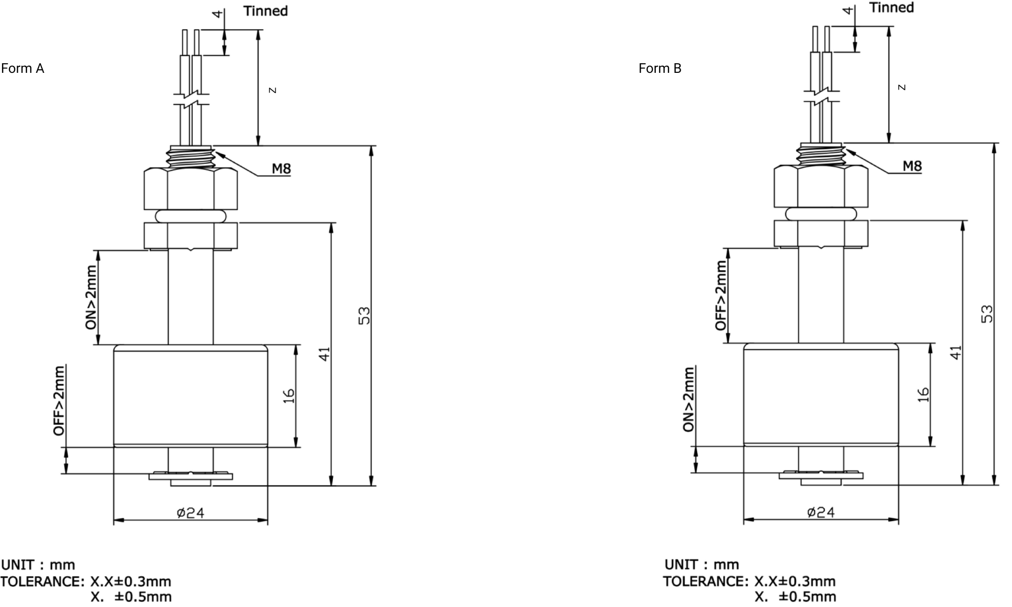 Technische Zeichnung Level-Sensoren Vertikale Montage PP MLS-103 A_B