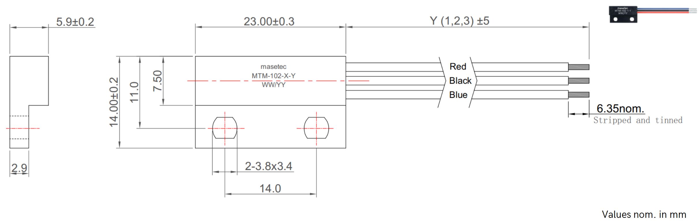 Technische Zeichnung TMR-Sensor Flachgeäuse MHS-102