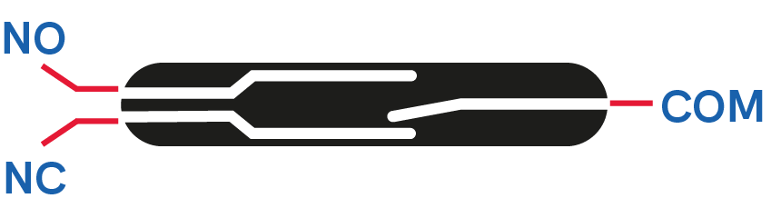 Reedkontakt Form C (Umschalter) im Grundzustand mit den Anschlüssen NO, NC und COM
