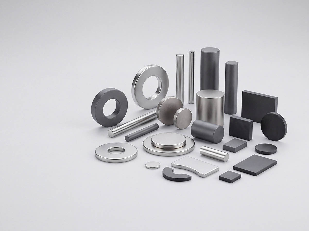 Verschiedene Permanentmagnete: Neodym-Quader und -Scheiben, Hartferrit-Ringe und -Blöcke sowie ein Hufeisenmagnet